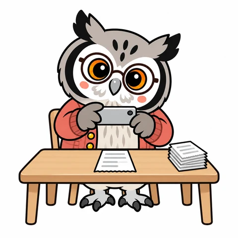 書類をスマートフォンで読み取るフクロウのイラスト