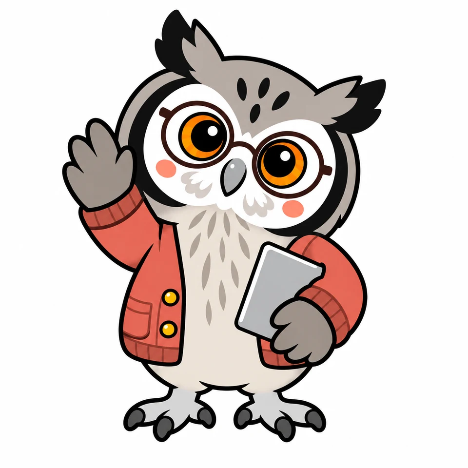 丸メガネと赤いカーディガン姿で手を振るフクロウのイラスト