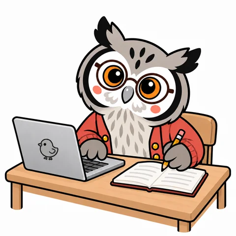グレーのヒヨコマークのPCで文章を作るフクロウのイラスト