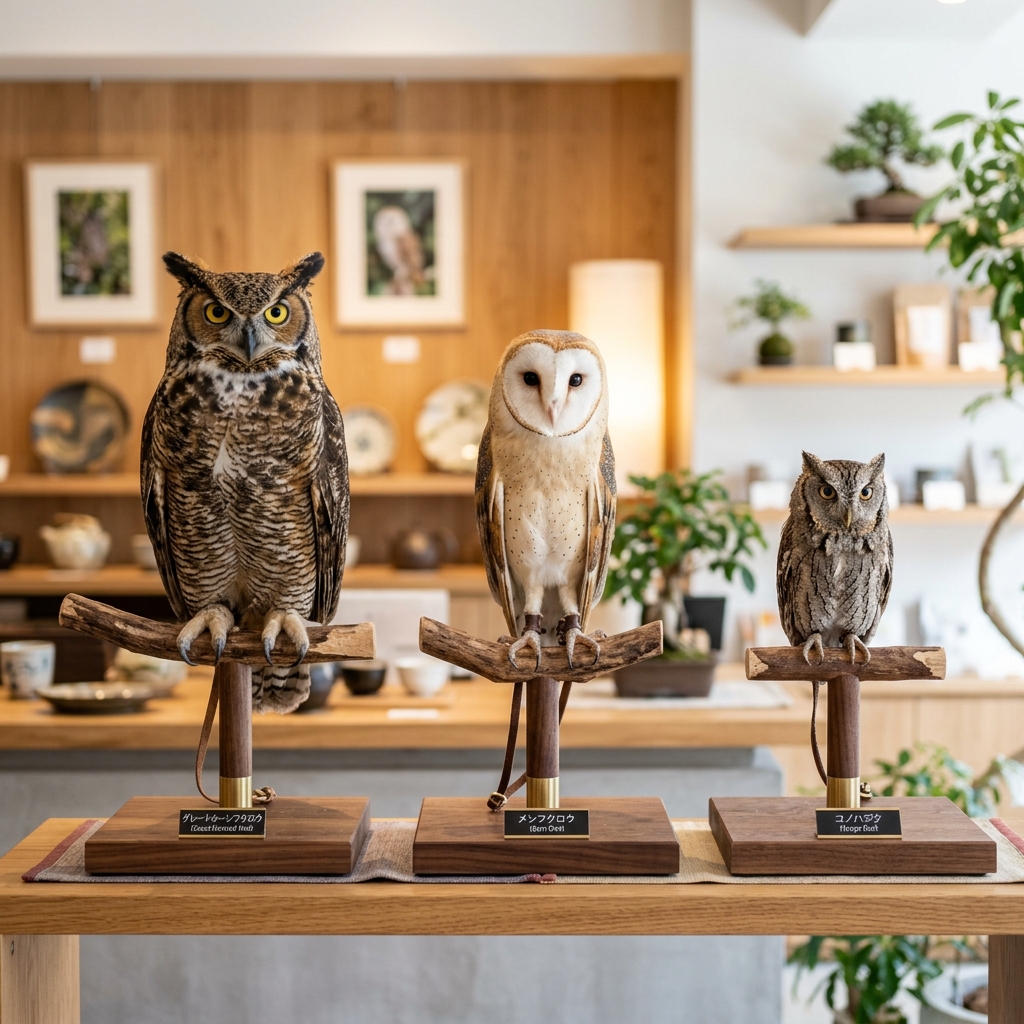 お店で待ってるフクロウたち